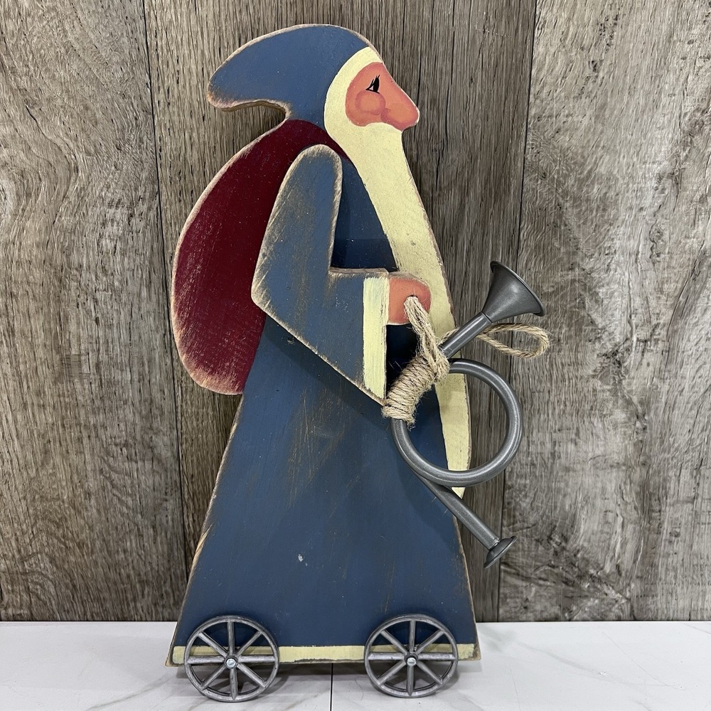 Vintage Musical Wood Santa on Metal Bike Wheels Folk Art Figurine 14"